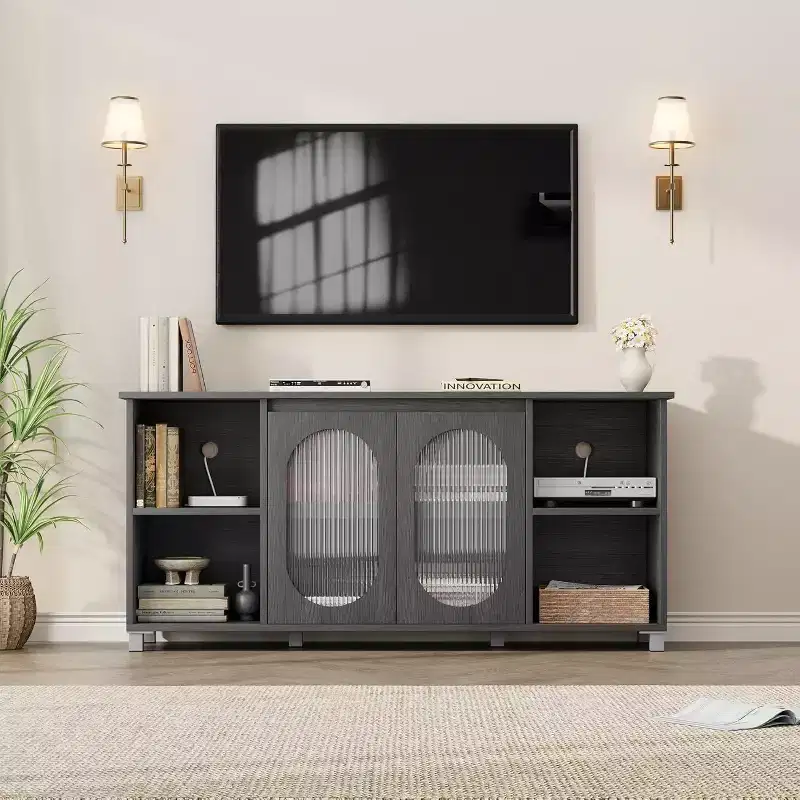 Modern TV Stand for 60/65/70 Inch TV, Media Console Cabinet with 2 Corrugated Glass Cabinet Doors, 4 Open Shelves, Entertainment Center with Storage