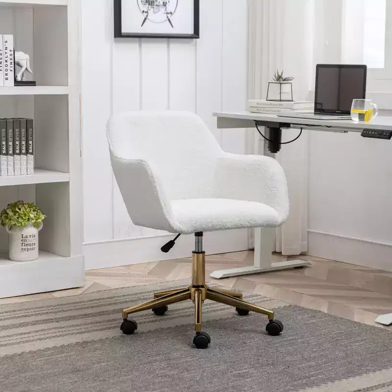 White Teddy Fabric Swivel Desk Chair with Gold Metal Base, 1-Person, Adjustable Height