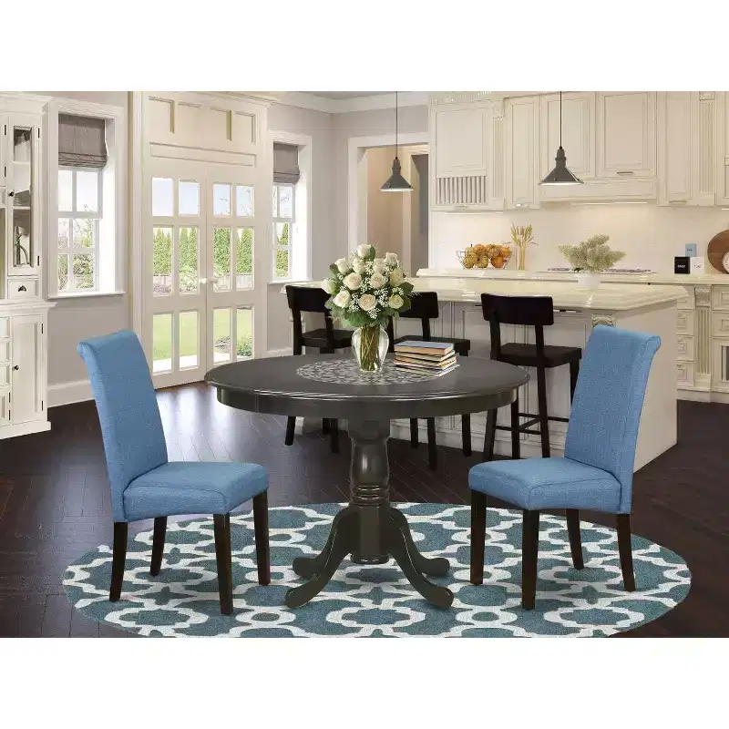 Small Round Dining Table Set - 3 Piece Round Table with Parsons Chairs - Glam Gothic Style