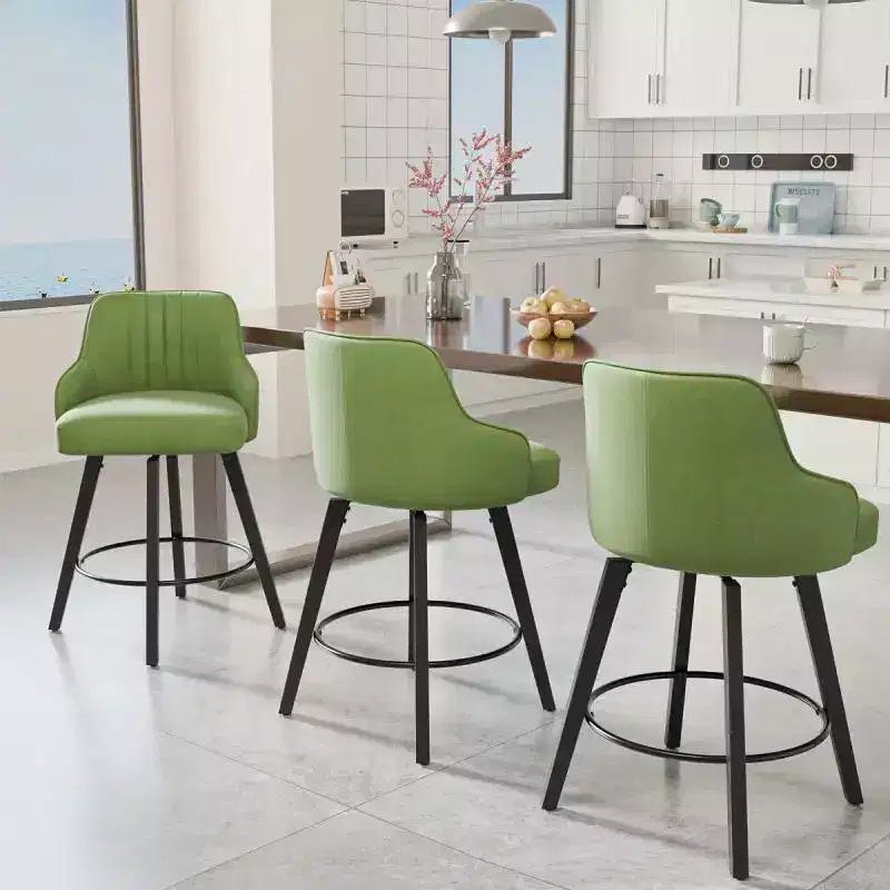 Thick Padded Cushion Wood Legs Modern Bar Stool With 360 Rotation