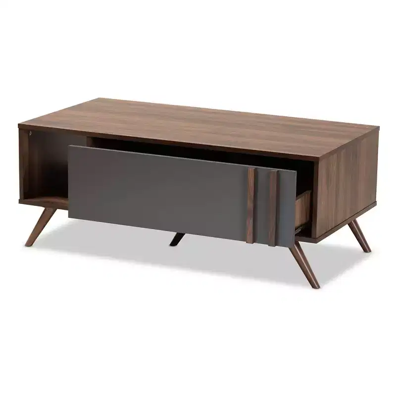 1 Drawer Naoki Two-Tone Wood Coffee Table Gray/Walnut - Baxton Studio: Modern Rectangular Particle Board Table with Shelf