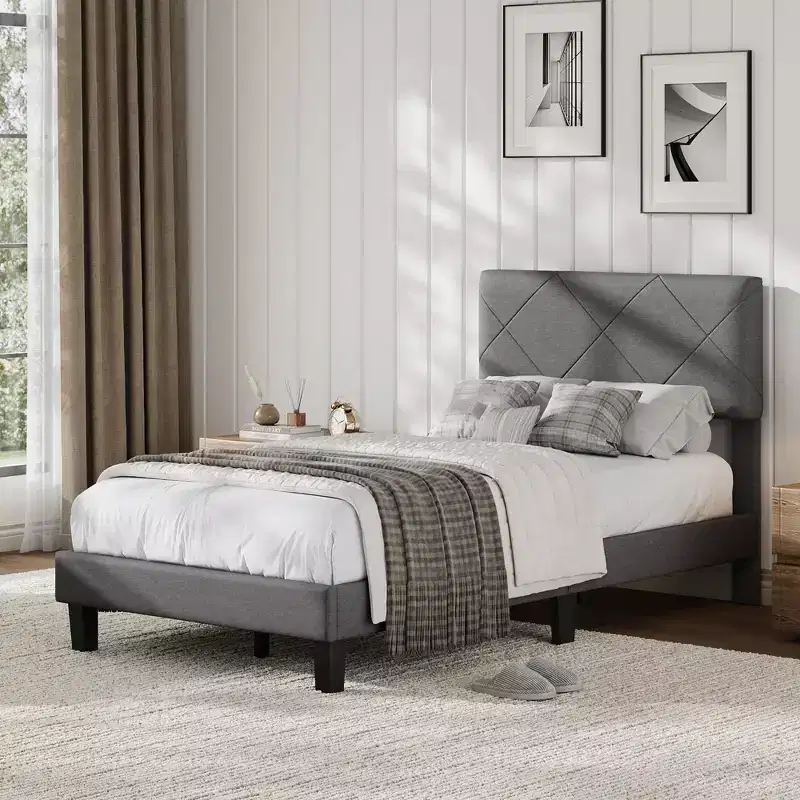Twin/Full/Queen/King Size Bed Frame with Upholstered Headboard - Gray Platform Bed with Wooden Slats
