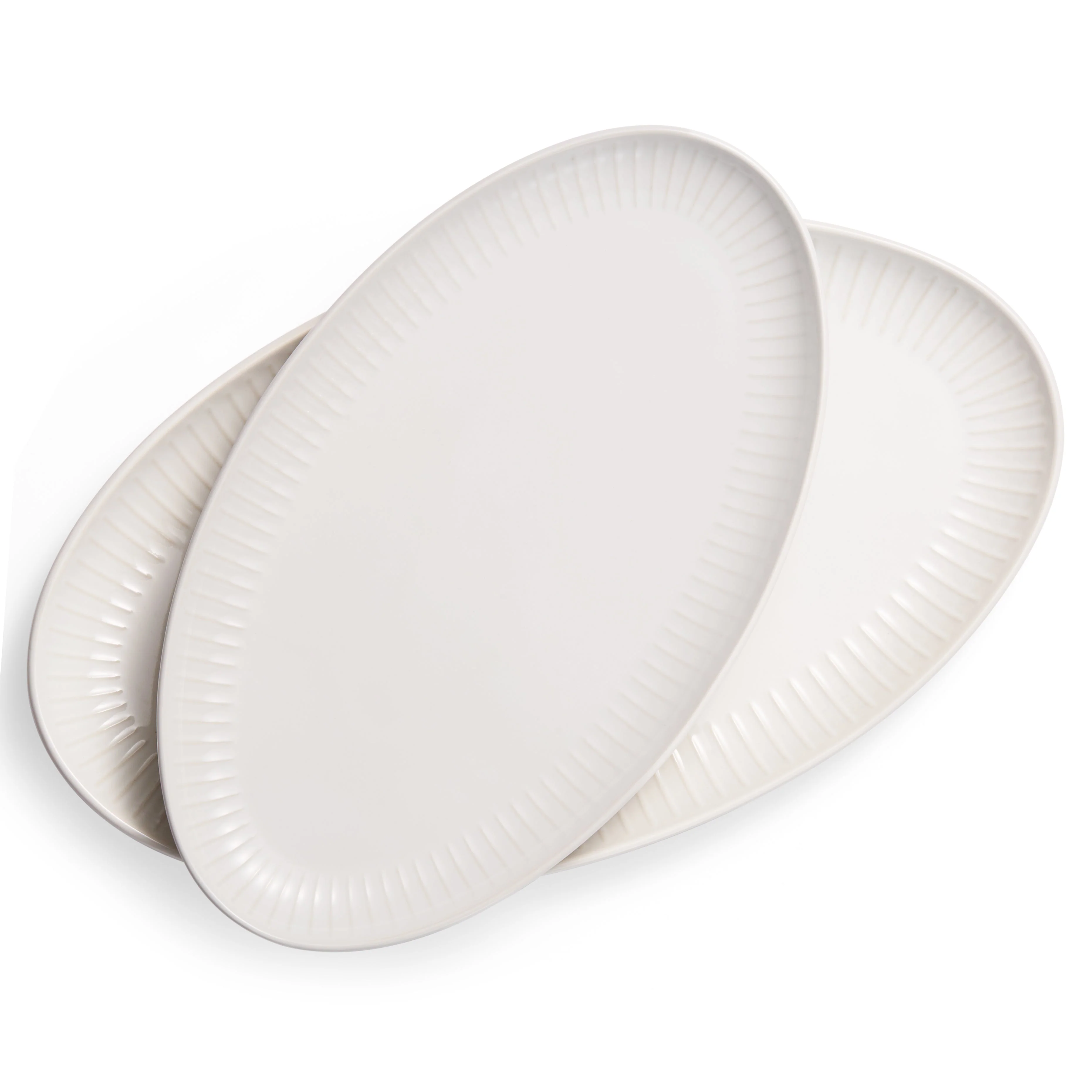 Serving Dishes, Powder White, Oval Shape, Ribbed Rim, Set of 2