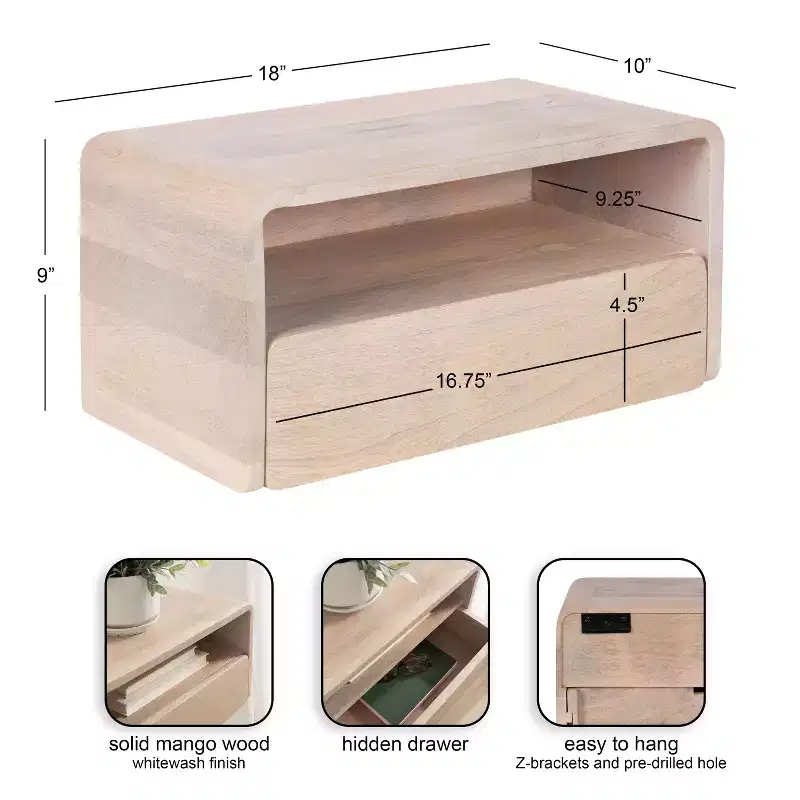 Floating Side Table, 18x10x9, White