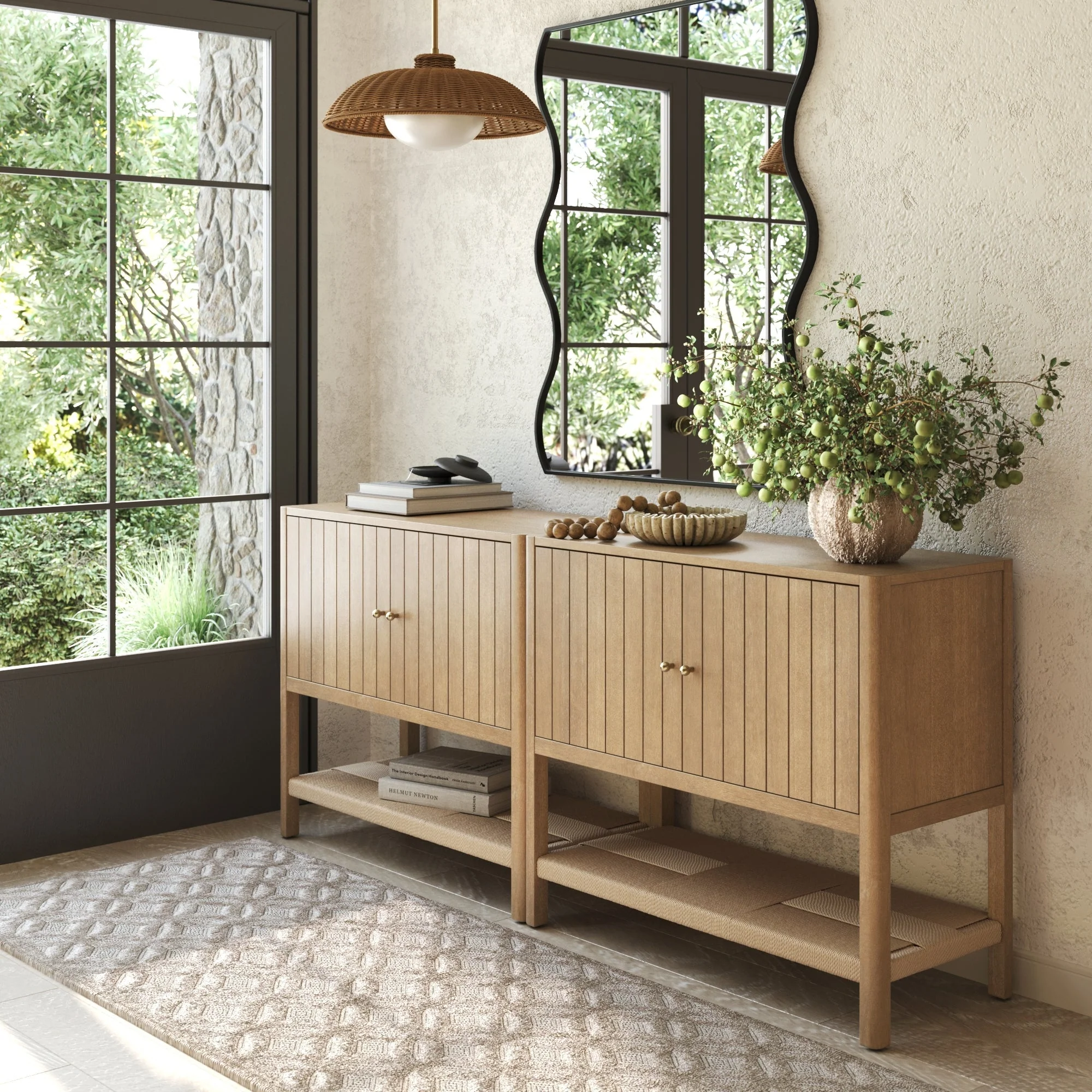 Wood TV Console with Open Seagrass Shelf for TVs up to 65 Light Brown