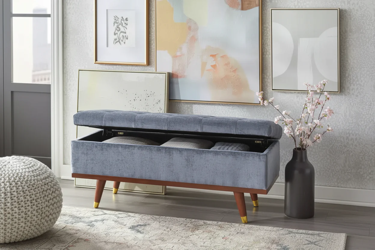 Tufted Chenille Storage Ottoman Bench – 46.5