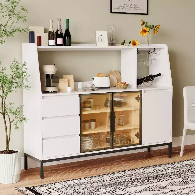 Modern 64 Wooden Buffet Storage Cabinet With Glass Doors, Cup Holder and 3 Drawers