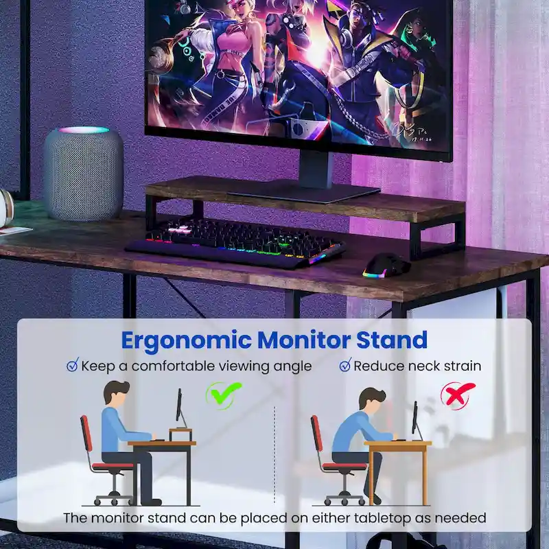 L-Shaped Gaming Desk with LED Strip & Power Outlets