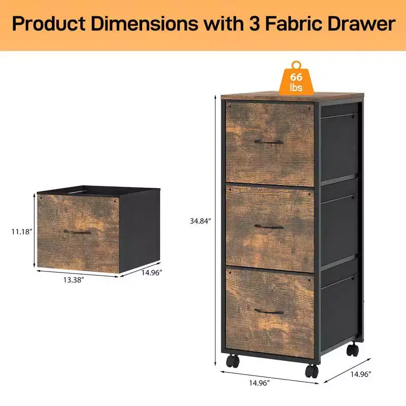 Espresso 3-Drawer File Cabinet with Metal Frame & Wheels – 1 Person