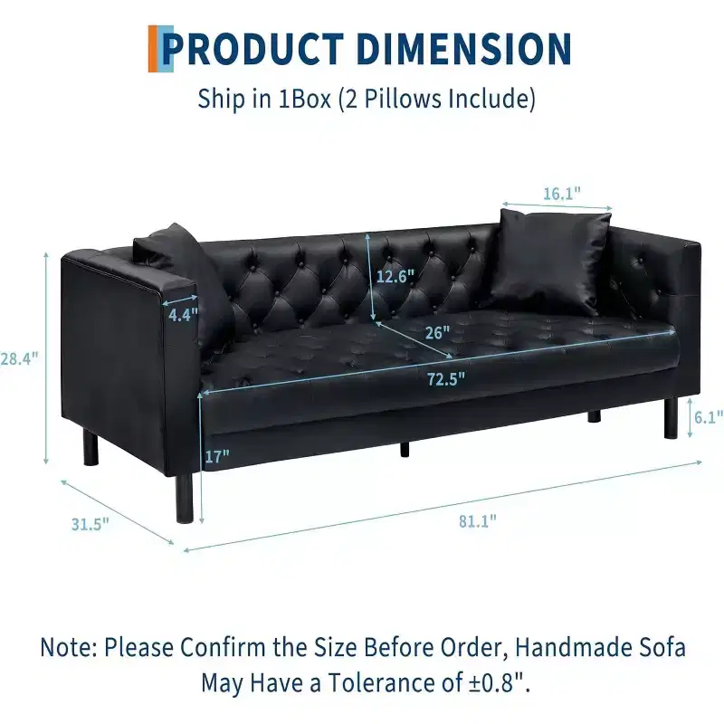 Mid-Century Modern Leather Sofa for Living Room, Deep Seat 3-Seater with Button-Tufted Design and 2 Pillows