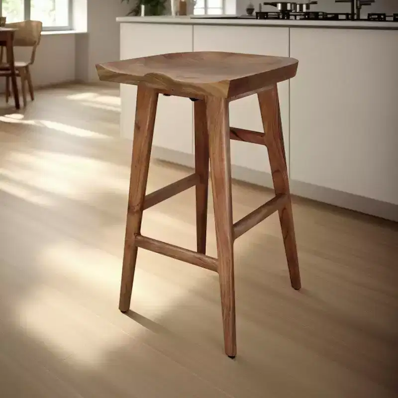 Royal Hampton 29 Inch Backless Barstool, Handcrafted Saddle Seat, Acacia Wood