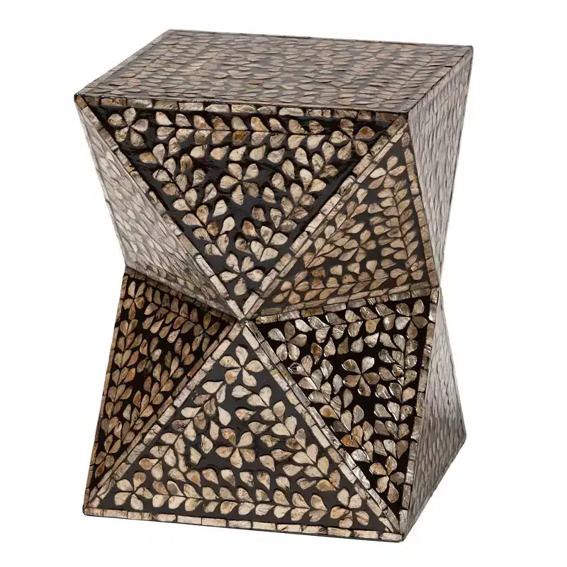 Baxton Studio Feronia Mother of Pearl End Table Black/Floral Bronze: Square MDF Frame, 18.1 Height, 13.8 Width