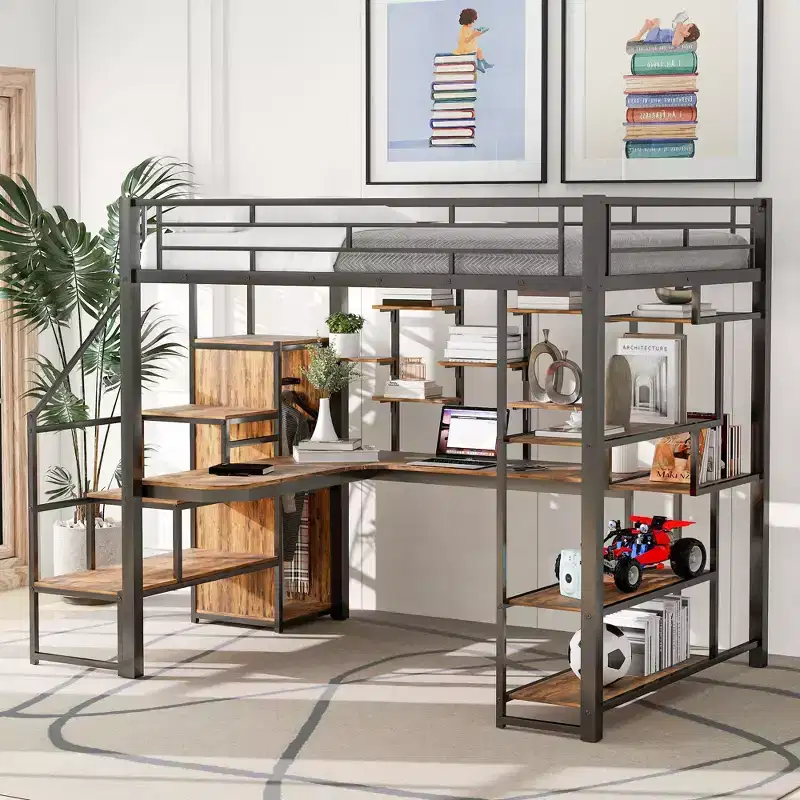 Full size Metal Loft Bed with Desk and Small Wardrobe, Full High Loft Bed with Storage Staircase and Shelves for Kids Teens Adults
