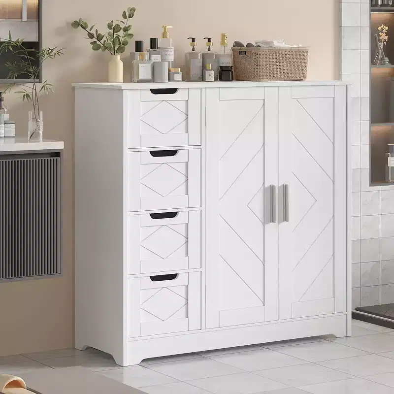 Bathroom Storage Cabinet, Freestanding Floor Cabinet with 3/4 Drawers & 2 Adjustable Shelves, White