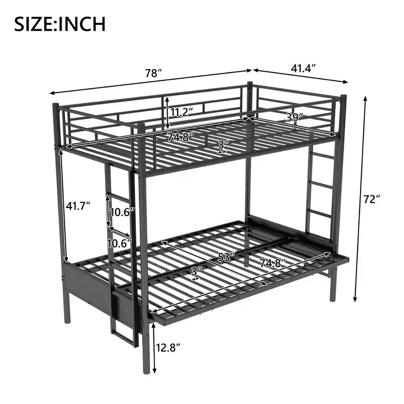Metal Twin over Full Bunk Bed with Adjustable Lower Bunk 72''H x 78''W x 41.4''D