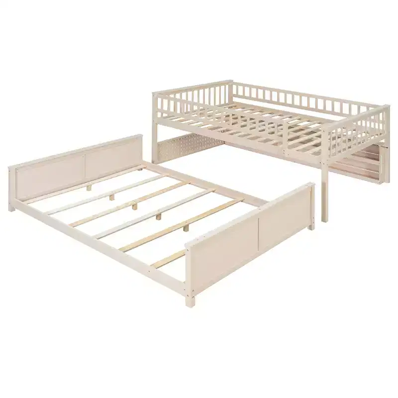 Full Xl Over Queen Low Bunk Bed With Built In Lighted Shelves And Pegboard
