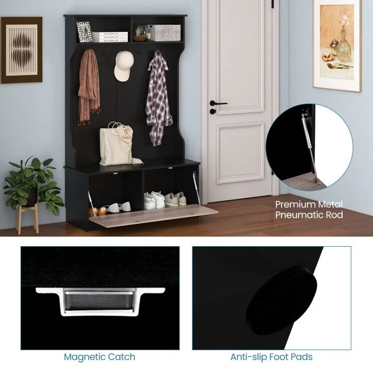 3 in 1 Coat Rack with Entryway Bench and Hooks and Enclosed Cabinet - 39.5 x 16 x 63
