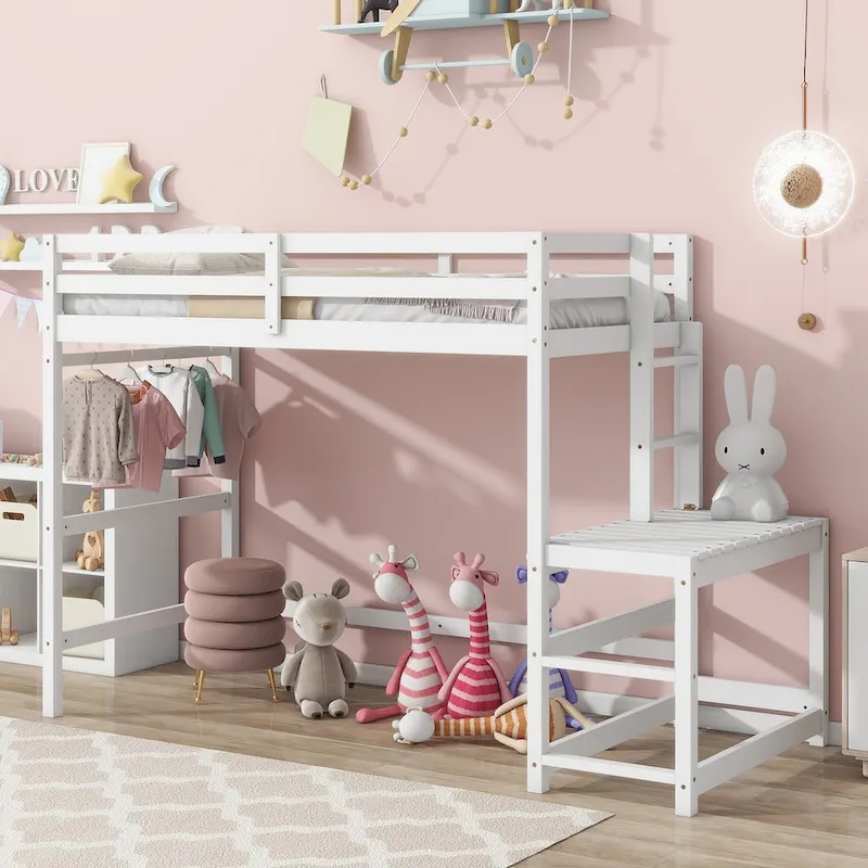 Twin High Loft Bed with Ladder landing Platform, Ladders, Guardrails