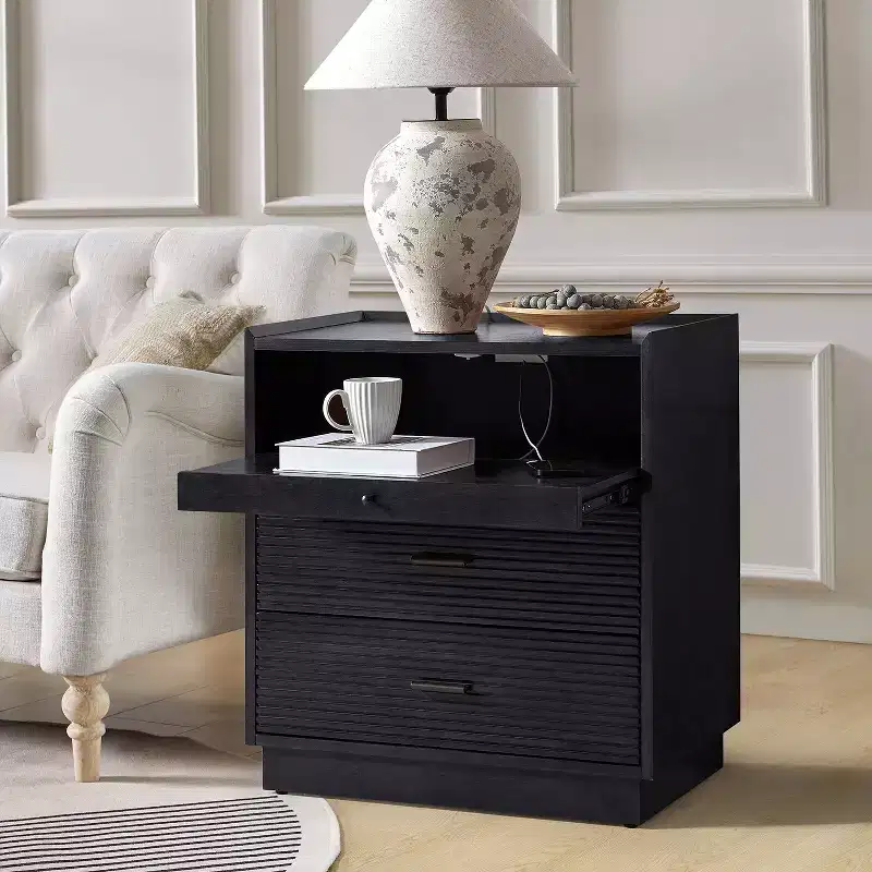 Alcide end table with USB and LED Light| ART OF LIVING DESIGNS-BLACK