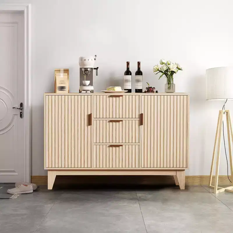 Fluted Sideboard Buffet Cabinet Storage, Kitchen Storage Cabinet with 2 Doors & 3 Drawer, Wood Coffee Bar Buffet Table for Dining Room Living Room