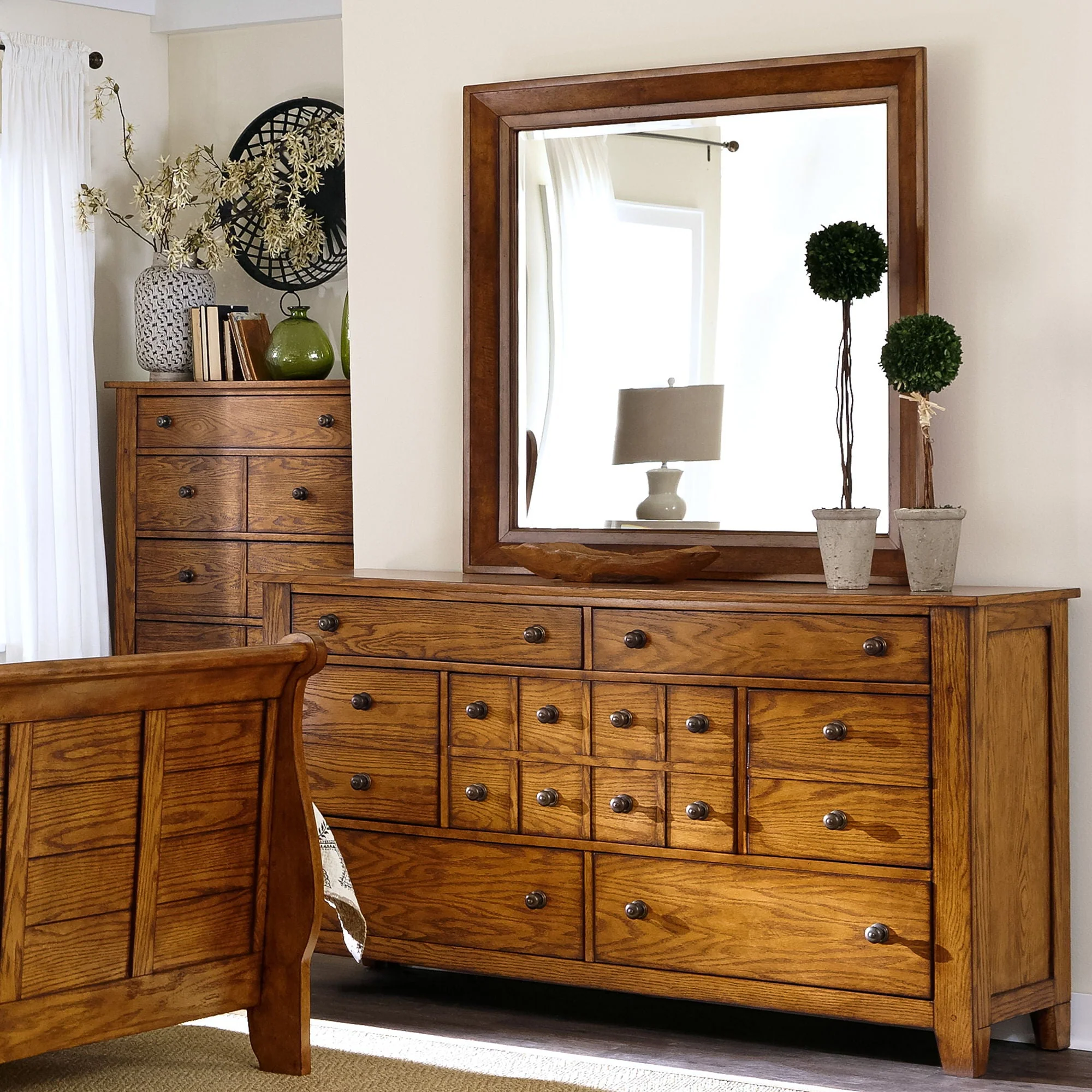 Dresser & Mirror - Light Brown — Rustic American Bedroom Design with Wood & Peg Accents Give a Craftsman Feel
