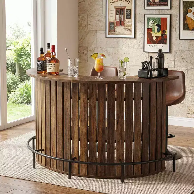 Arc-Shaped 4-Tier Storage Mini Bar Table, Modern Rustic Home Bar Cabinet with Footrest & MDF Construction