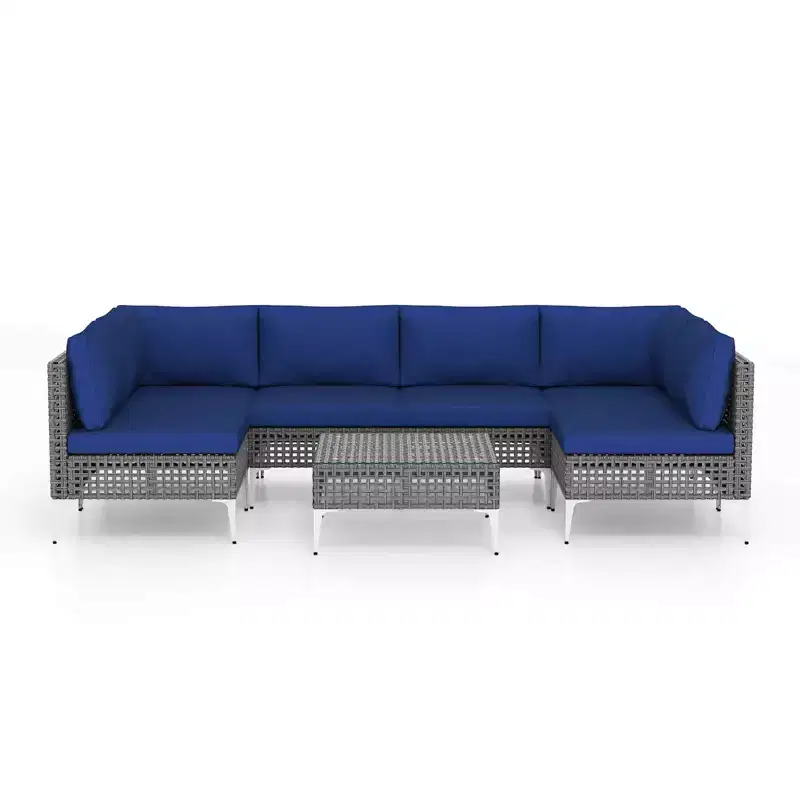 Costway 7 Piece Outdoor Furniture Set with Seat & Back Cushions Tempered Glass Coffee Table Navy/Gray