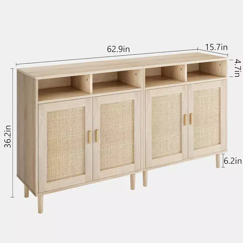 Modern Rattan Sideboard - Two Door Storage Cabinet with Shelves, 36 Inches Tall, Natural
