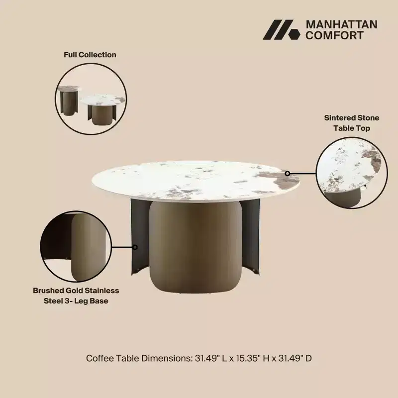 Round Sintered Stone Coffee Table Gold Brushed Steel Pedestal Base 31.5