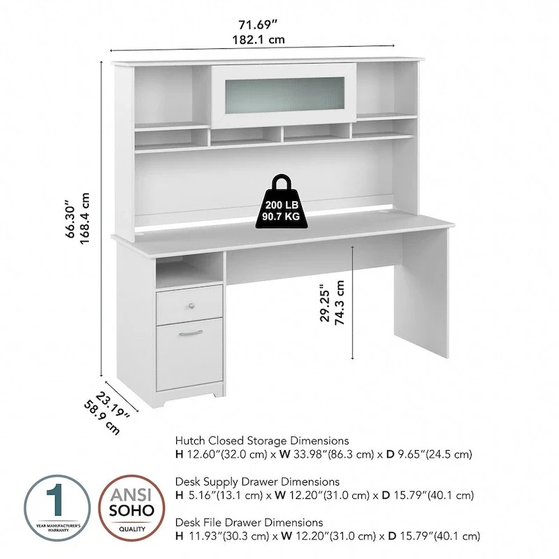 72W Computer Desk with Hutch and Drawers by