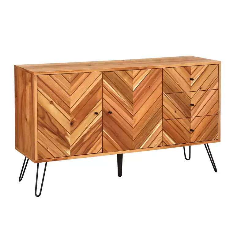 2 Doors 3 Drawers Alexandria Mid Century Modern Chevron Buffet Oak: Mid-century Server, Hairpin Legs, Storage