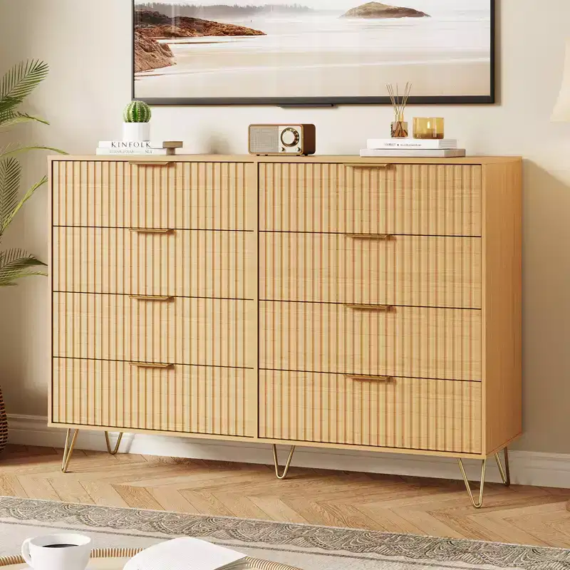 Fluted Dresser for Bedroom with 8 Drawers,Modern Chest of Drawers with Metal Handle,Wooden Dresser TV Stand, Storage Organizer for Living Room