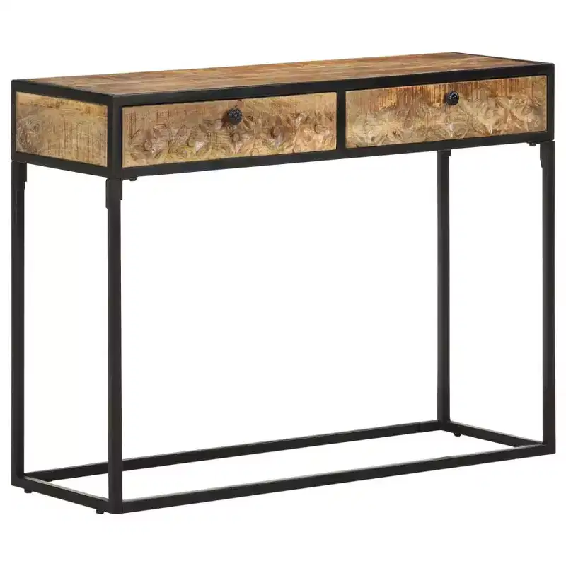 Solid Mango Wood Console Table with Carved Drawers & Steel Frame, 39.4