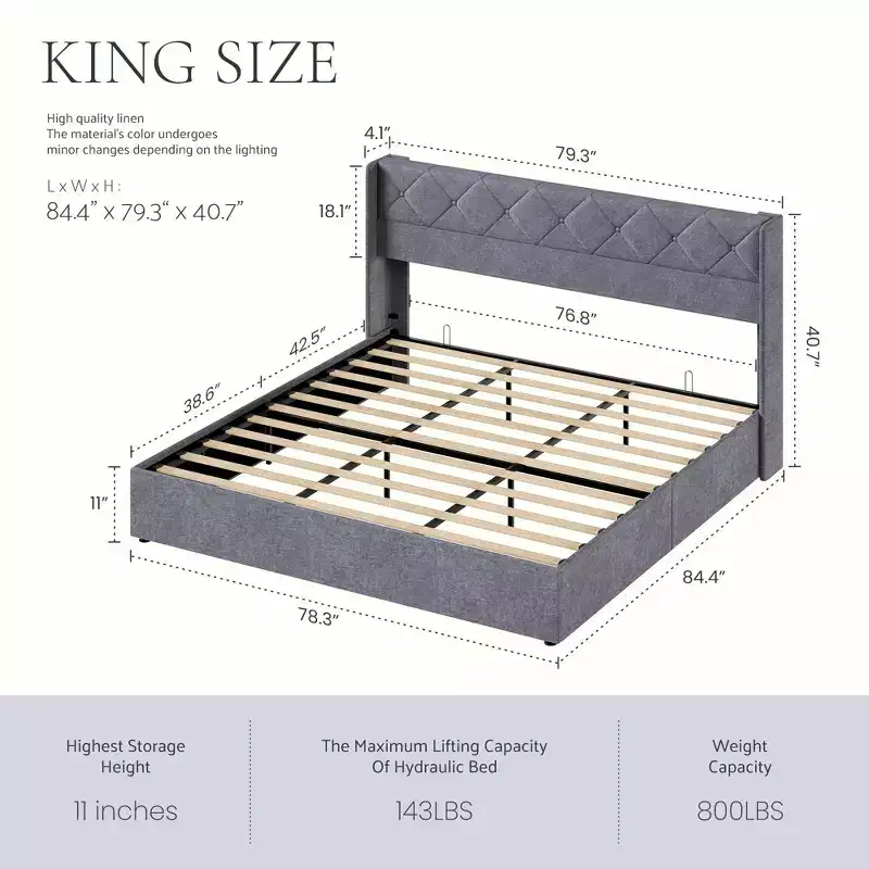 JIONJOY Grey Upholstered Storage Bed Frame, Heavy Duty, Underbed Storage, Noise-Free, Solid Wood, No Box Spring Needed, Easy Assembly - King