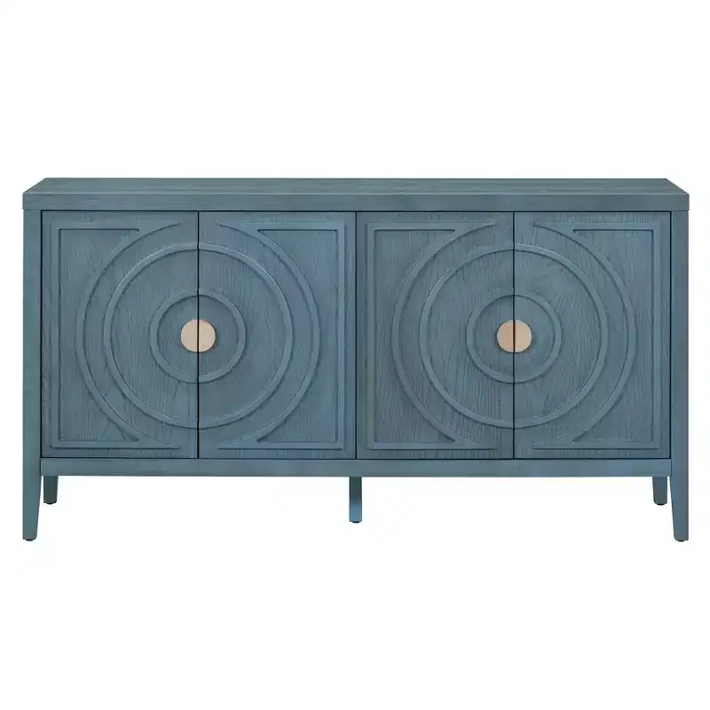 Buffet Cabinet Sideboard with Circular Groove Doors & Round Handles for Dining and Living Room, Antique Blue