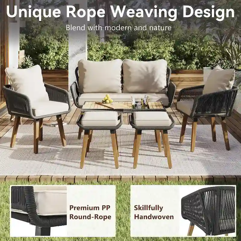 6-Piece Rope Patio Furniture Set with Acacia Wood Cool Bar Table