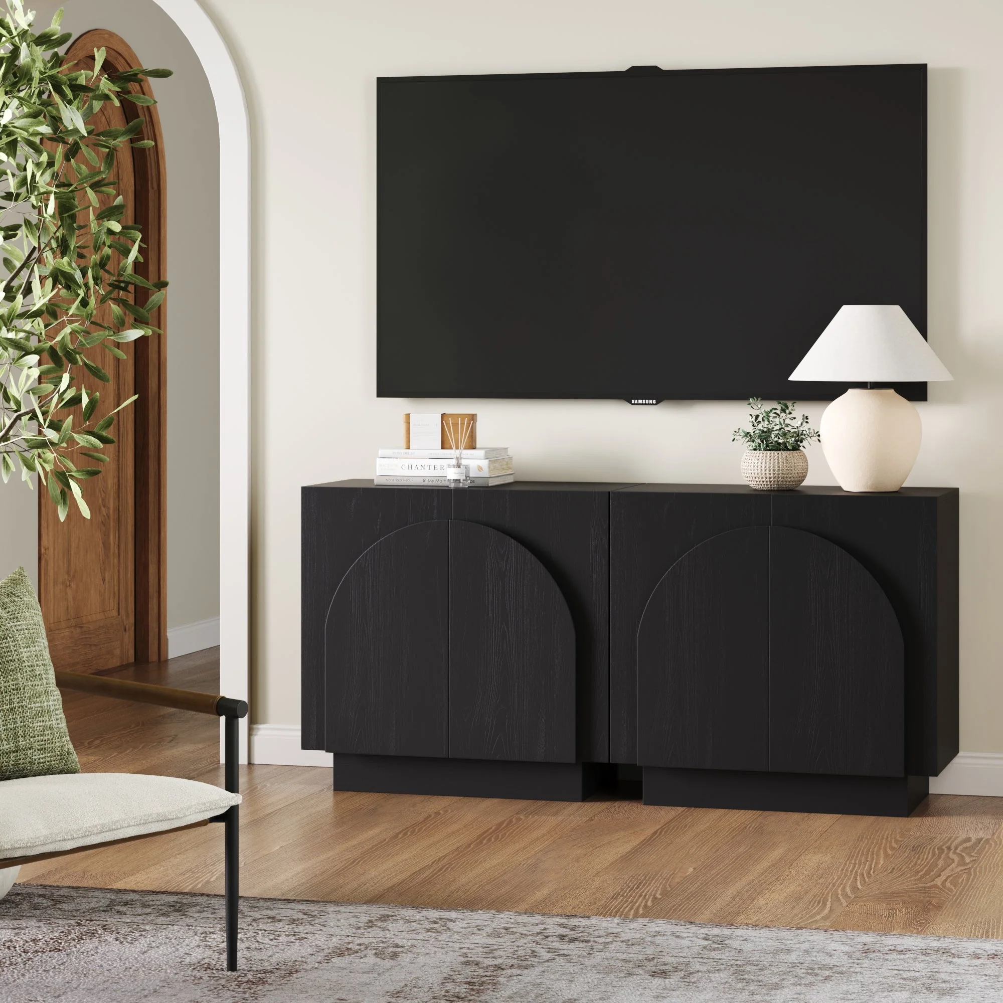 Wood Arched TV Console Stand for TVs up to 65 Black