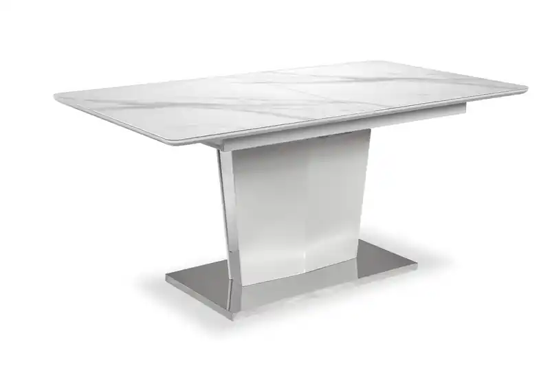Dining Table, 63-78.75W Self-Storing Butterfly Leaf, Metal, Glass, Faux Marble