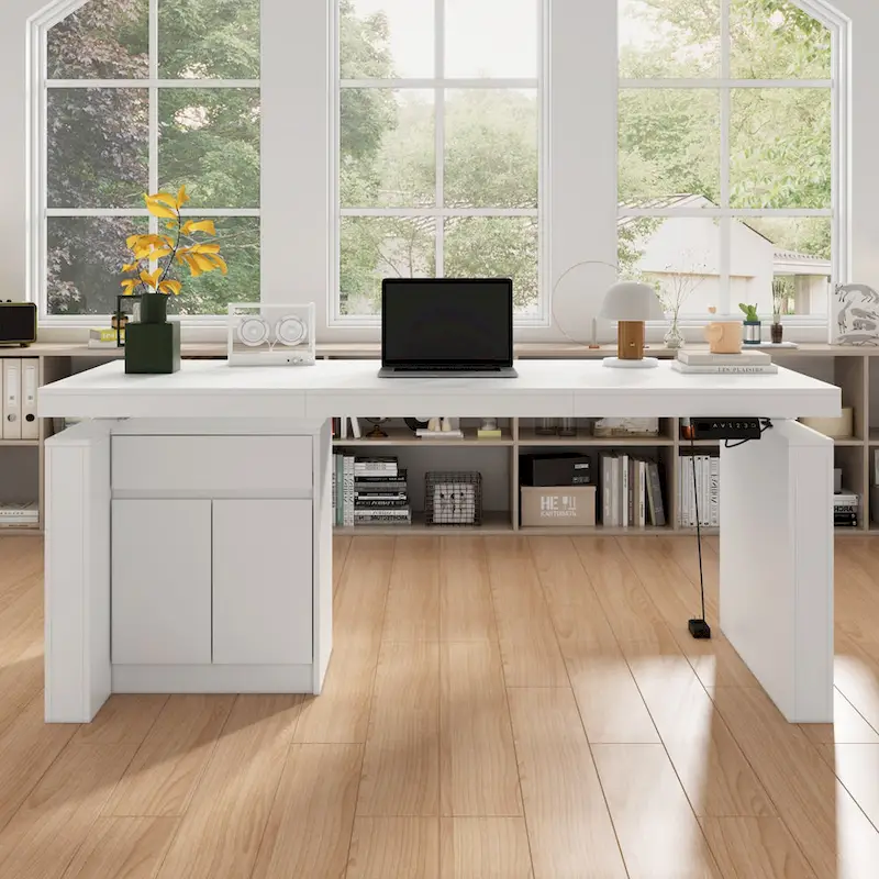 White Height-Adjustable Desk with Side Cabinet, 70.9