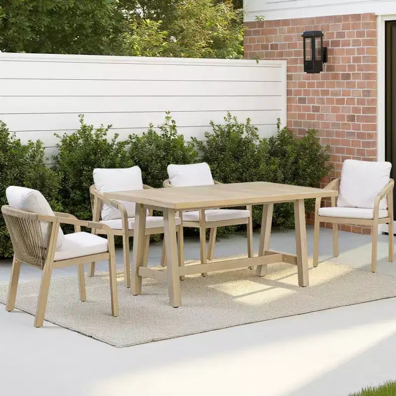5 Piece Wooden Outdoor Dining Set with Cushions, Natural Eucalyptus Wood- Teamson Home: Seats with Thick Cushions & Spacious Dining Table