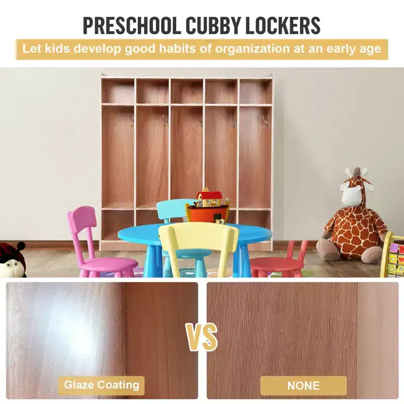 5-Section Kids School Storage Locker, 3-Tier Wooden Classroom Cubby with 10 Cubbies & 5 Hooks, Mobile Daycare Coat Locker with 4 Casters