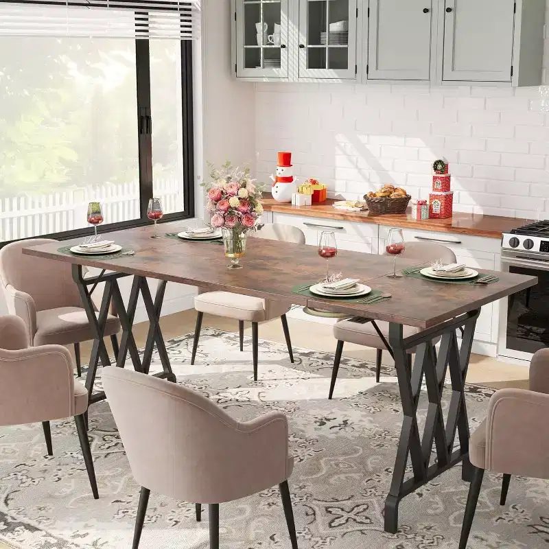 6-person Dining Table, 71 Rectangular Dining Table with X-shaped Metal Legs and Wooden Tabletop, Kitchen Dining Table for 6-8 People