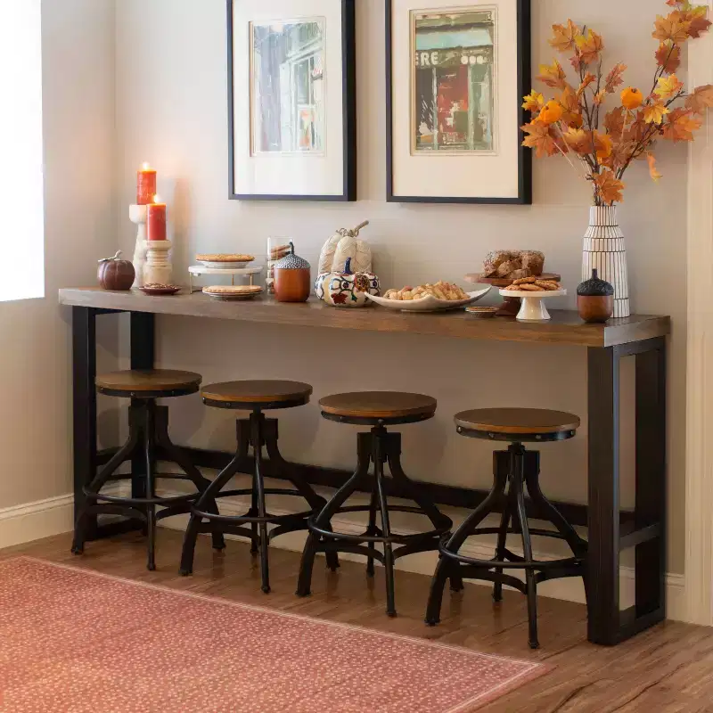 Hand Distressed Sofa Bar Table – Modern Industrial Console, Walnut & Black Metal Frame