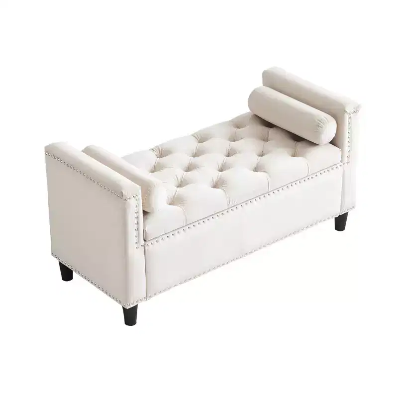 TUYOHW Storage Bench, Velvet Button Bedside Bench, Entryway Living Room with Armrests, Upholstered Bedroom Bench, Cream