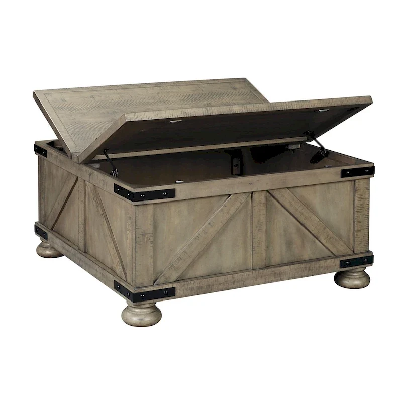 Grey Farmhouse Coffee Table with Dual-Lid Storage, Solid Pine Wood