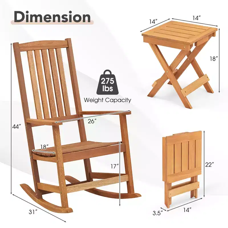 Costway Wood Folding Square Table & 2pcs Rocking Chair Set with Slatted Seat & Tabletop