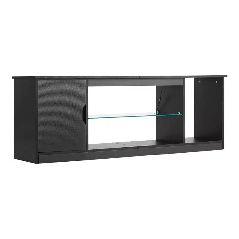 Modern Black TV Stand - Fits 65 Inch TVs, Light Strip, Glass and Adjustable Shelves