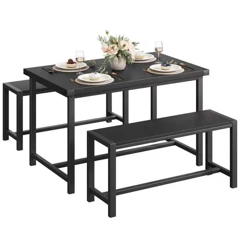 3-Piece Dining Table Set for 4 with 2 Benches, Kitchen Table with Corner Protectors, H-Shaped Frame, Compact for Apartments & Small Spaces