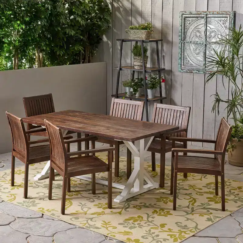 Christopher Knight Home Cassia Outdoor Acacia Wood 7 Piece Dining Set with 69 Dining Table, Dark Brown and White