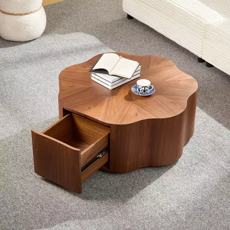 Round Rustic Coffee Table with Hidden Drawer – Petal-Shaped, 35.43